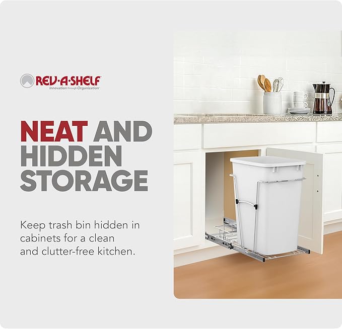 Rev-A-Shelf Single 35 Qt Pullout Trash Can for Base Kitchen Cabinets, Garbage Waste Bin System with Full Extension Slides, Min Opening Width of 11.5", White/Chrome, RV-12KD-11C