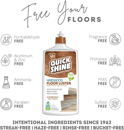 Quick Shine Hardwood Floor Luster-Polish 27oz-2pk | Plant-Derived w/Carnauba | Safer Choice, No PFAS, pH Neutral | Ready to Use Formula w/Anti-Slip Technology | Simply Squirt & Spread | Made in USA