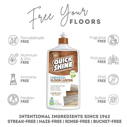Quick Shine Hardwood Floor Luster-Polish 27oz | Plant-Derived w/Carnauba | Safer Choice, No PFAS, pH Neutral | Ready to Use Formula w/Anti-Slip Technology | Simply Squirt & Spread | Made in USA