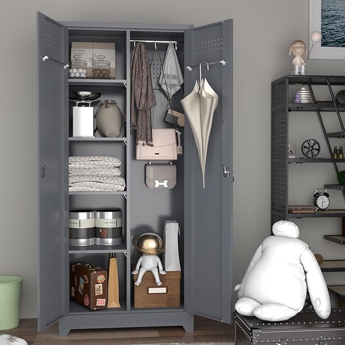 72.8" H Metal Broom Closet Storage Cabinet with 2 Doors and 4 Adjustable Shelves,Locking Storage Cabinets for Garage,Laundry Room,Grey