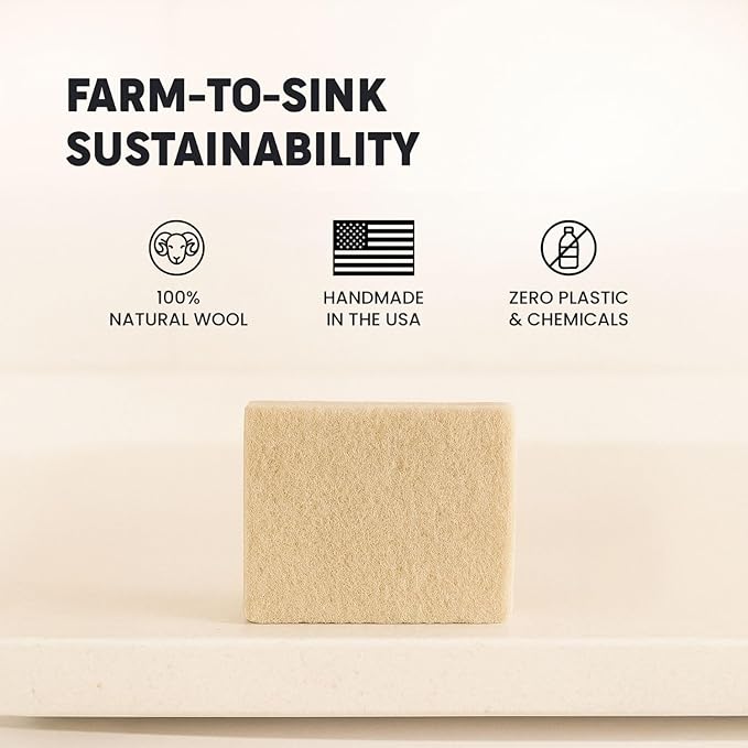 Scalise Family Sheep Farm Wool Dish Sponge 5"x5" – Natural Sponge Dish Non Scratch | Organic Kitchen Sponges for Sink Cleaning | Long Lasting Wool Scrubber for Kitchen