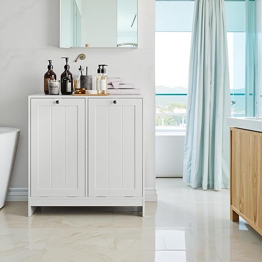 Tilt Out Trash Can Cabinet, Hidden Trash Can Cabinet with 2 Removable Bags, Double Laundry Hamper Cabinet, Narrow Storage Organizer for Kitchen, Bathroom, and Bedroom White DJ BZR001