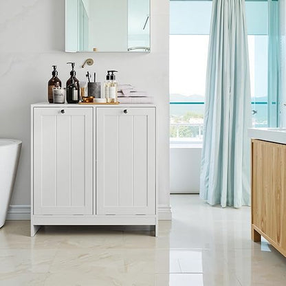 Tilt Out Trash Can Cabinet, Hidden Trash Can Cabinet with 2 Removable Bags, Double Laundry Hamper Cabinet, Narrow Storage Organizer for Kitchen, Bathroom, and Bedroom White DJ BZR001