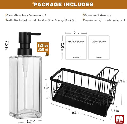 GMISUN Kitchen Soap Dispenser Set, 12 fl oz / 350 ml Dish Soap Dispensers with Sponge Holder, Customized Clear Glass Dish soap Dispenser for Kitchen, Modern Soap Dispensers Set Removable