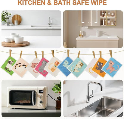 SEIBER Swedish Dishcloths for Kitchen,10 Pack Washable Dish Rags,Super Absorbent Reusable Towels Washable, Non-Scratch Cellulose Sponge Cloths,Quick Drying, Dishwasher Safe (Cat)