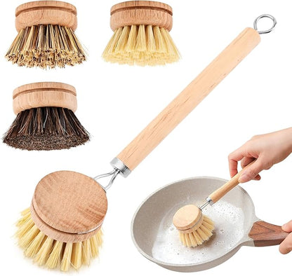 Bamboo Dish Brush with Handle - 3 Replacement Heads, Soft Bristles Kitchen Brush, Bamboo Dish Scrubber for Dishes Vegetable, Pots and Pans, Kitchen Utensils(Color:Wood)