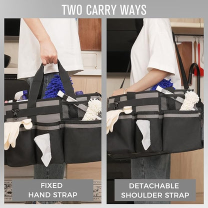 SCAVATA Wearable Cleaning Caddy, Cleaning Caddy Supplies Organizer with Handle & Shoulder Straps for Housekeepers, Under Sink & Car Cleaning Tool Organizers Bag with 4 Foldable Divider (MediumGrey)