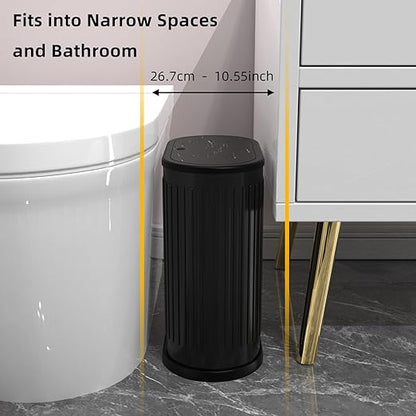 KSSKSS 1.8 Gallons Small Stainless Steel Trash Can with Press Type Lid, Slim Bathroom Garbage Bin, Removable Liner Bucket, Dog Proof Narrow Wastebasket with Pop-Up Lid for Bedroom,Toilet (Matt Black)