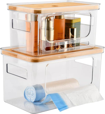 2Pcs Trash Bag Holder Under Sink Stackable Storage with 30 pcs Trash Bags, Clear Large Laundry Pods Container with Lid, Garbage Bag Dispenser Roll Holder for Kitchen Cabinet