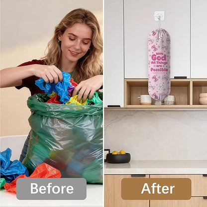 Pink Bow Plastic Bag Holder, Wall Mount Organizer for Reusable Canvas Grocery Bags, Decorative Home Kitchen Pantry Decor Hanging Bag Dispenser, Christian Shopping Bags Storage Dispenser
