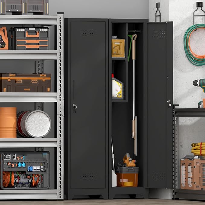 GREATMEET Broom Closet Storage Cabinet, Slim Metal Utility Cabinet, Tall Laundry Room Cabinet for Shop, Living Room, Office, Black