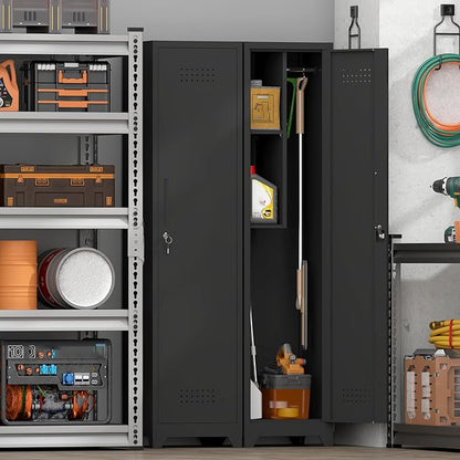 GREATMEET Broom Closet Storage Cabinet, Slim Metal Utility Cabinet, Tall Laundry Room Cabinet for Shop, Living Room, Office, Black