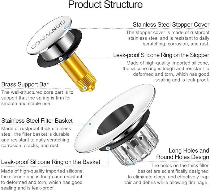 coamanug Bathtub Stopper | Shower Drain Hair Catcher, Pop-up Tub Stopper with Strainer | Bathroom Drain Plug | Drain Protector for 1-1/2 to 1-3/4"" Bath Drain Hole