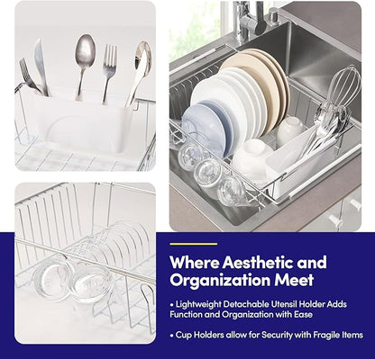 Dish Drying Rack Over The Sink Expandable to 24.5" Dish Drainer — Space-Saving Rectangular Kitchen Extending Drying Station with Utensil Holder, Fits Most Sinks for Easy Dish Organization, White
