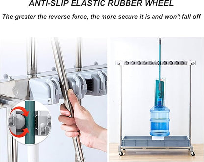 Movable Broom Mop Holder, Floor Standing Cleaning Tool Cart Storage, Freestanding Cleaning Supplies Organizer Wet Mop Drain Rack Housekeeping Station Storage Tools for Home Garage Schools