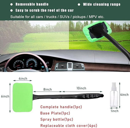 Augeny Car Windshield Cleaning Tool, Microfiber Window Cleaner Set with 4 Washable and Reusable Cloth Pad Head, Detachable & Unbreakable Handle and Spray Bottle, Universal Car Glass Cleaner Kit