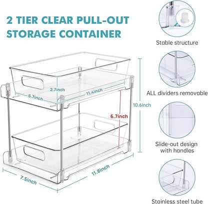 4 Pack Clear Bathroom Organizers and Storage, 2 Tier Pull Out Under Sink Cabinet Organizer Plastic Drawer Organization and Storage for Bathroom and Kitchen