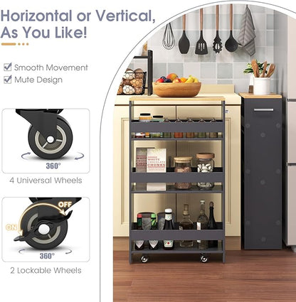 Giantex 4 Tier Rolling Slim Storage Cart, 8" Narrow Slide Out Kitchen Cart w/Handle & Open Shelves, Space-Saving Compact Mobile Utility Trolley for Small Space Laundry Room (Grey & Natural)