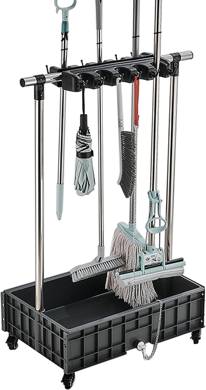 Mop And Broom Holder Cleaning Supplies Mop Bucket Garden Tool Organizer Cleaning Carts On Wheels Freestanding Broom Closet Storage Cabinet Mop Sink For Housekeeping Garag(Onec-10 Slots 12 Hooks)