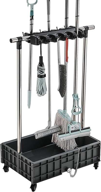 Mop And Broom Holder Cleaning Supplies Mop Bucket Garden Tool Organizer Cleaning Carts On Wheels Freestanding Broom Closet Storage Cabinet Mop Sink For Housekeeping Garag(Onec-10 Slots 12 Hooks)