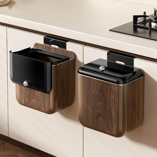 Large 3.2 Gallon Compost Bin, Under Sink Trash Can with Lid, Hanging Waste Cabinet for Office Kitchen Cupboard Bathroom Bedroom, Walnut Color