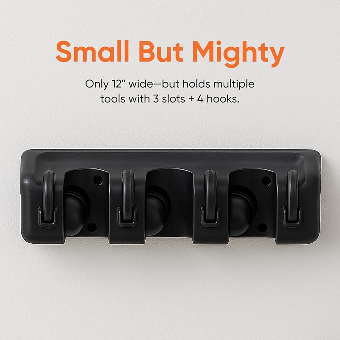 Superio Mop and Broom Holder Wall Mount Storage Organizer for Kitchen, Garage, Garden, 3 Slots (Black)