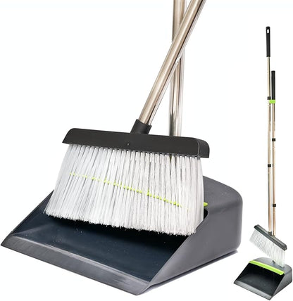 Broom with Dustpan Combo Set with Long Handles - Lightweight Indoor & Outdoor Broom and Dustpan Set for Home & Office - Broom with Stand Up Dustpan and Innovative Dust Collector