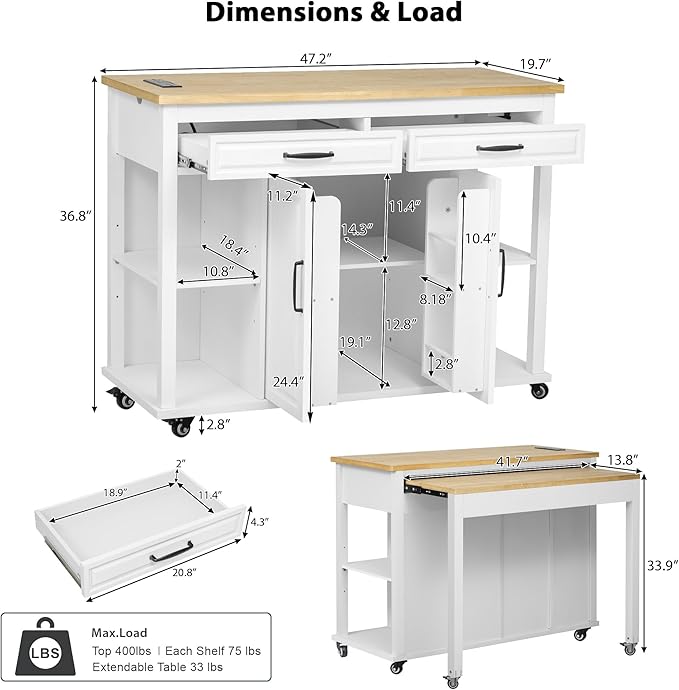 47" Kitchen Island with Extendable Dining Table, Movable Farmhouse Kitchen Islands with Storage Rack, Power Outlet, Island Table on Wheels with 2 Storage Drawers & 2 Cabinets, White
