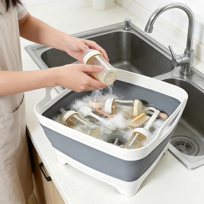 FOSJGO Collapsible Dish Basin with Drain Plug, 2.4 Gal (9L) Space-Saving Foldable Sink, Wash Basin for Kitchen, Baby Bottles, Vegetable Washing, Camping, RV and Party Beverage Tubs