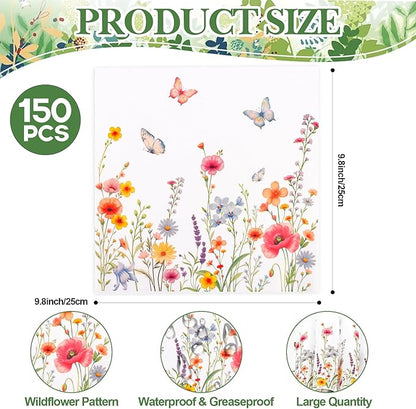 FOIMAS 150pcs Spring Wildflower Wax Paper,9.8x9.8 In Floral Butterfly Food Deli Paper Greaseproof Sandwich Paper Basket Liner for Spring Picnic Birhthday Baby Shower Wedding Party Supply