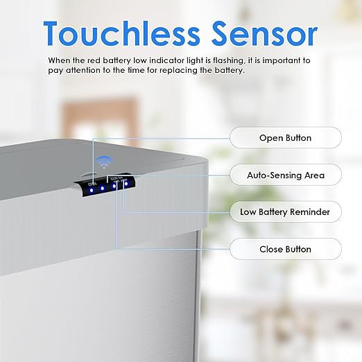 Sensor Trash Can, Touchless Motion Sensor Trash Bin, Smart Automatic Garbage Can with Soft-Close Lid, Bag Retainer Ring and Display Light,for Kitchen,Living Room Office (Silver, 18.5 Gal)