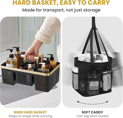 BYUNER Portable Cleaning & Shower Caddy with Handle: Rigid Plastic Basket with 4 Divided Compartments, All-Side Drainage for College Dorm, Bathroom & Utility Use, Black/Gold