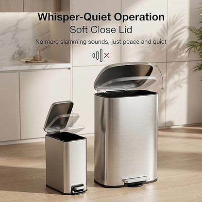 13 Gallon Trash Can (50L) and 1.6 Gallon (6L) Kitchen Trash Can Combo Set, Stainless Steel Garbage Can with Lid and Step-on Pedal, Soft Close Waste Bin with Inner Bucket for Home & Office
