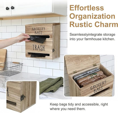 2 in 1 Trash Bag Dispenser, Double Wall Mounted,Wood Trash Bag Holder, used in kitchen, garage, laundry room, can store Environmentally friendly food bags (White/Brown(10inch*5.5inch*12.2inch）)