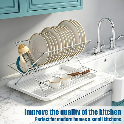 Stainless Steel Foldable Dish Drying Rack, 2 Tier Collapsible Kitchen Rack for Counter, Large Capacity Expandable Dish Drainer Rust Proof