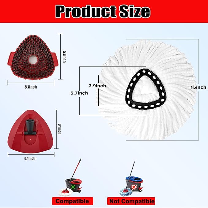 8Pcs Spin Mop Replacement Heads,Mop Replace Head Compatible with Ocedar Easywring 1-Tank System,Machine Washable & Easy to Replace.Including 6 Spin mop Replacement Heads, 1 Brush Head and 1 Base