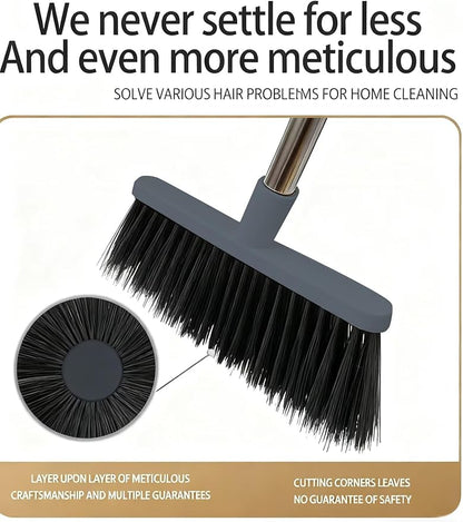 Stand-Up Broom Dustpan Combo - Long Handle with 3 Rows Dense Bristles for Multi-Scene Home/Office/Kitchen/Lobby/Shop, Indoor & Outdoor Cleaning (Black & Gray)