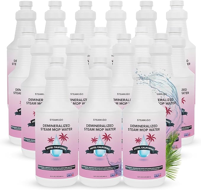 Steam & Go Demineralized Water - Multi-Surface Cleaner for Steam Cleaners, Hardwood Floors, Kitchens, & Bathrooms - Germ-Killing Formula - Hotel California Scent - 32 Ounces (Pack of 18)