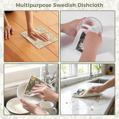 Needbrock 6 Pack William Morris Swedish Dishcloths for Kitchen,Swedish Rags Dish Towels with Clips, Reusable Paper Towel Absorbent Cellulose Sponge Cloths No Odor for Cleaning Home Kitchen