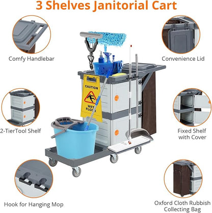 Commercial 3-Shelf Janitorial Cart with 2 Cabinet,Commercial Cleaning Cart on Wheels with Cover, Shelves, and Oxford Bag, Housekeeping Cleaning Caddy Service Carts for School Hotel Apartment