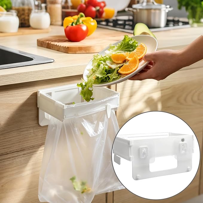 2-Pack Over the Cabinet Trash Bag Holder, Stainless Steel Hanging Garbage Organizer for Kitchen Cabinet Door, Portable Grocery Bag Support for Under Sink, RV, Bathroom and Pantry, White
