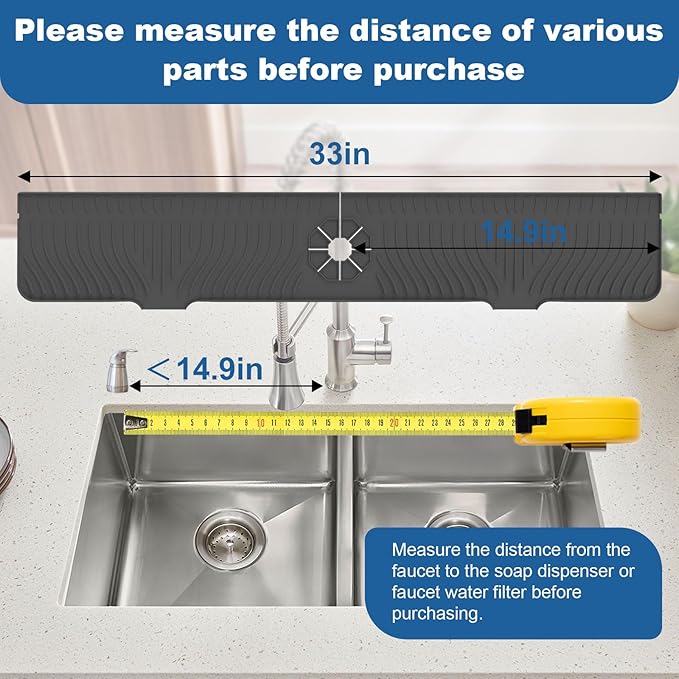 33 inch Sink Splash Guard Mat, Sink Faucet Drying Mat, Silicone Faucet Handle Drip Catcher Tray, Longer Silicone Sink Mat for KitchenBathroom, Drip Protector Splash Countertop (Black)