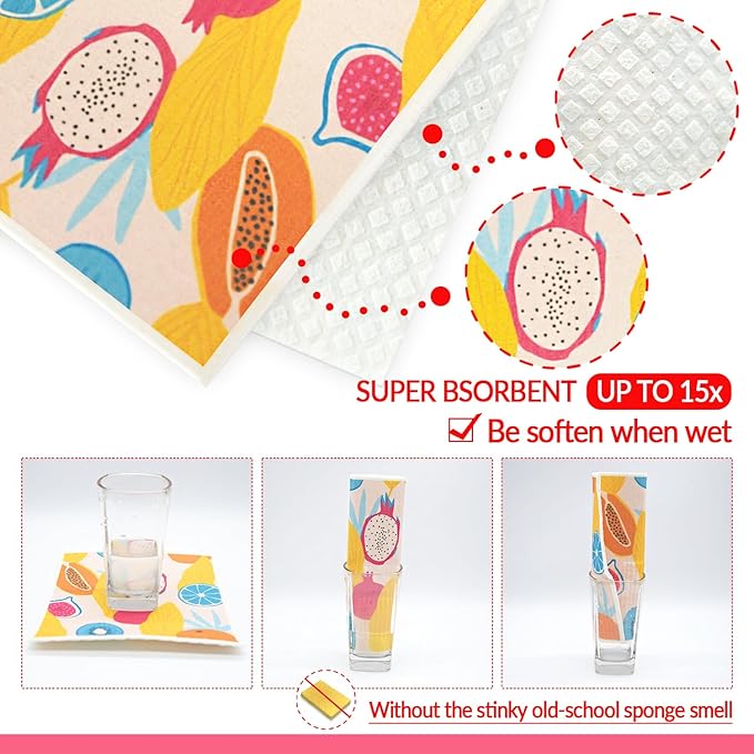 6 - Pack Swedish Kitchen Dish Cloths - Reusable Paper Towels for Counters & Dishes - Eco Friendly Cellulose Sponge Cloth (Fruit Plants)