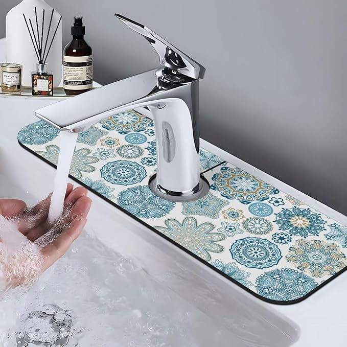 Mandala Boho Blue Flower 15" X 5.5" Kitchen Sink Splash Guard Faucet Faucet Guard Draining Mat Sink Splash Guard Faucet Kitchen Bathroom