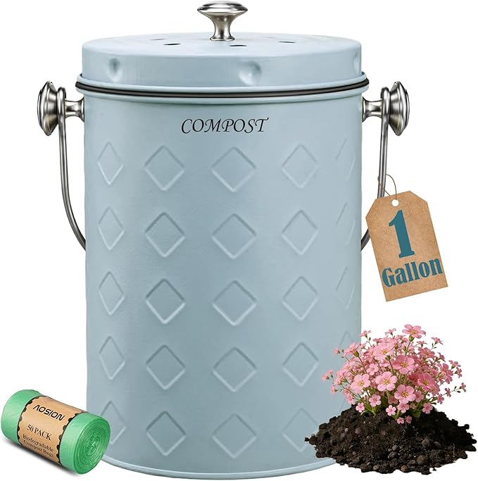 AOSION Countertop Compost Bin Kitchen,Odorless Indoor Compost Bin with Lid,Farmhouse Composter Container for Food Waste,Includes 2 Carbon Filters, Small Compost Bucket,Trash Bags (Modern, Blue)