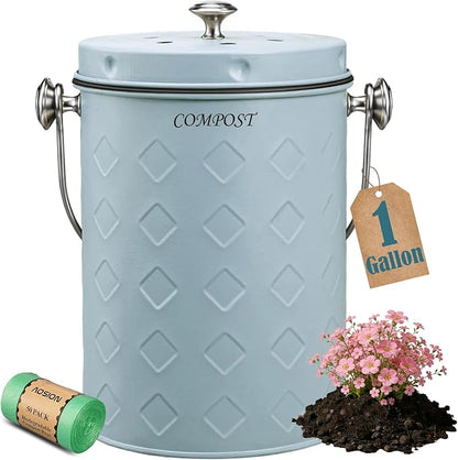 AOSION Countertop Compost Bin Kitchen,Odorless Indoor Compost Bin with Lid,Farmhouse Composter Container for Food Waste,Includes 2 Carbon Filters, Small Compost Bucket,Trash Bags (Modern, Blue)