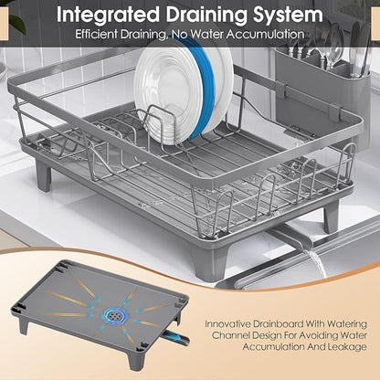 Urackify Dish Drying Rack for Kitchen Counter, Sink Dish Rack with Drainboard 12.2" W x 16.5" L, Large Dish Drainer with Cutlery Holder, Home Countertop Plate Dryer Storage Rack, Gray