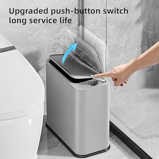 SUBEKYU Bathroom Trash Can with lid,3.5 Gal Small Kitchen Garbage Can,Plastic Office Waste Bin,Slim Wastebasket for Narrow Space,Gray