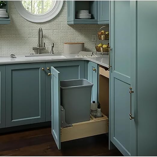 Rev-A-Shelf Single 35 Qt Wood Bottom Mount Pullout Under Cabinet Trash Can Waste Container with Full Extension Ball Bearings, Maple Wood, 4WC-15DM1