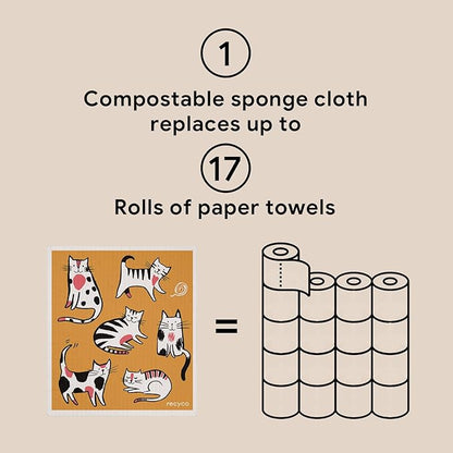 RECYCO Swedish Dishcloths for Kitchen | 6 Pack Cuddly Cats Washable Dish Rags | Cellulose Reusable Cleaning Paper Towels | Absorbent Counter Dish Cloth Sponge Kitchen Wipes, 8" L x 7" W